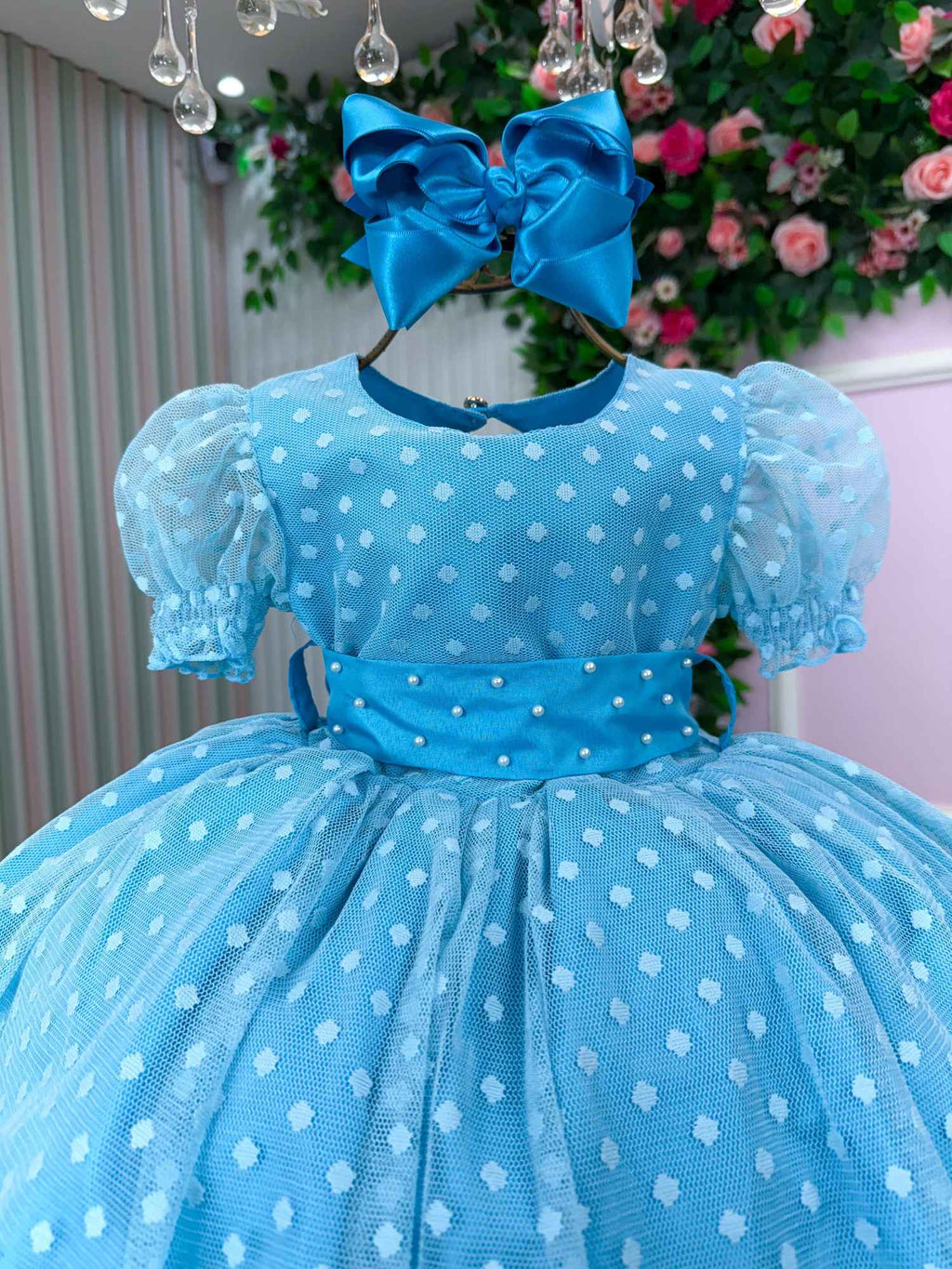 Vestido Infantil Azul Tiffany com Bolinhas e Laço nas Costas