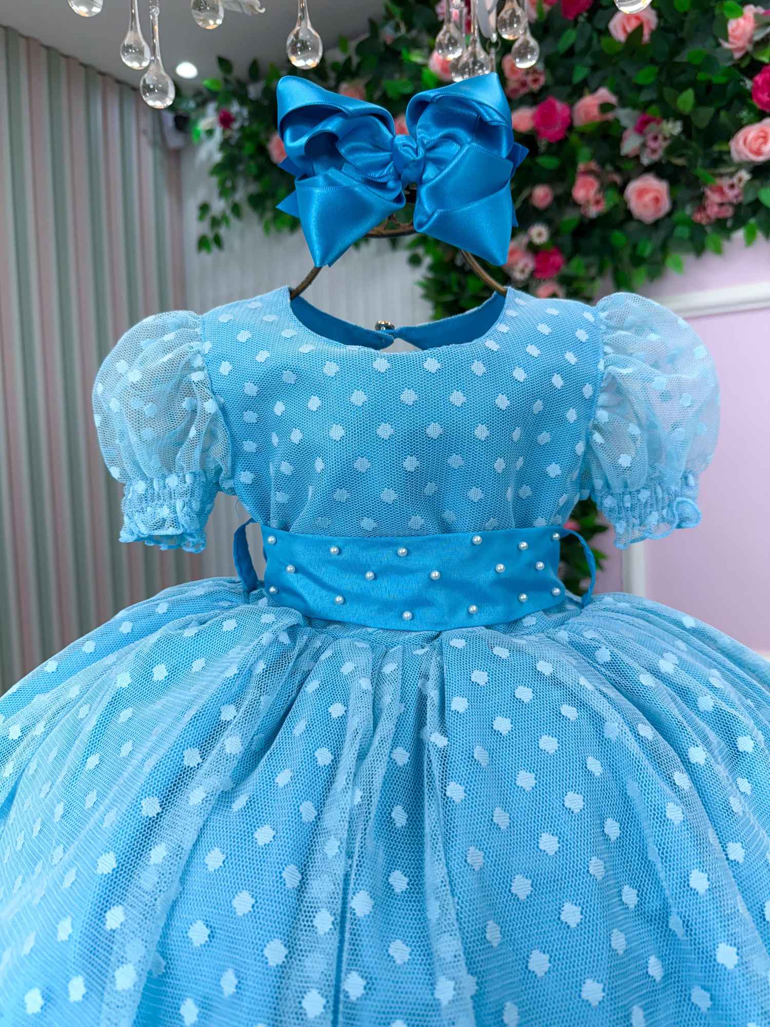 Vestido Infantil Azul Tiffany com Bolinhas e Laço nas Costas