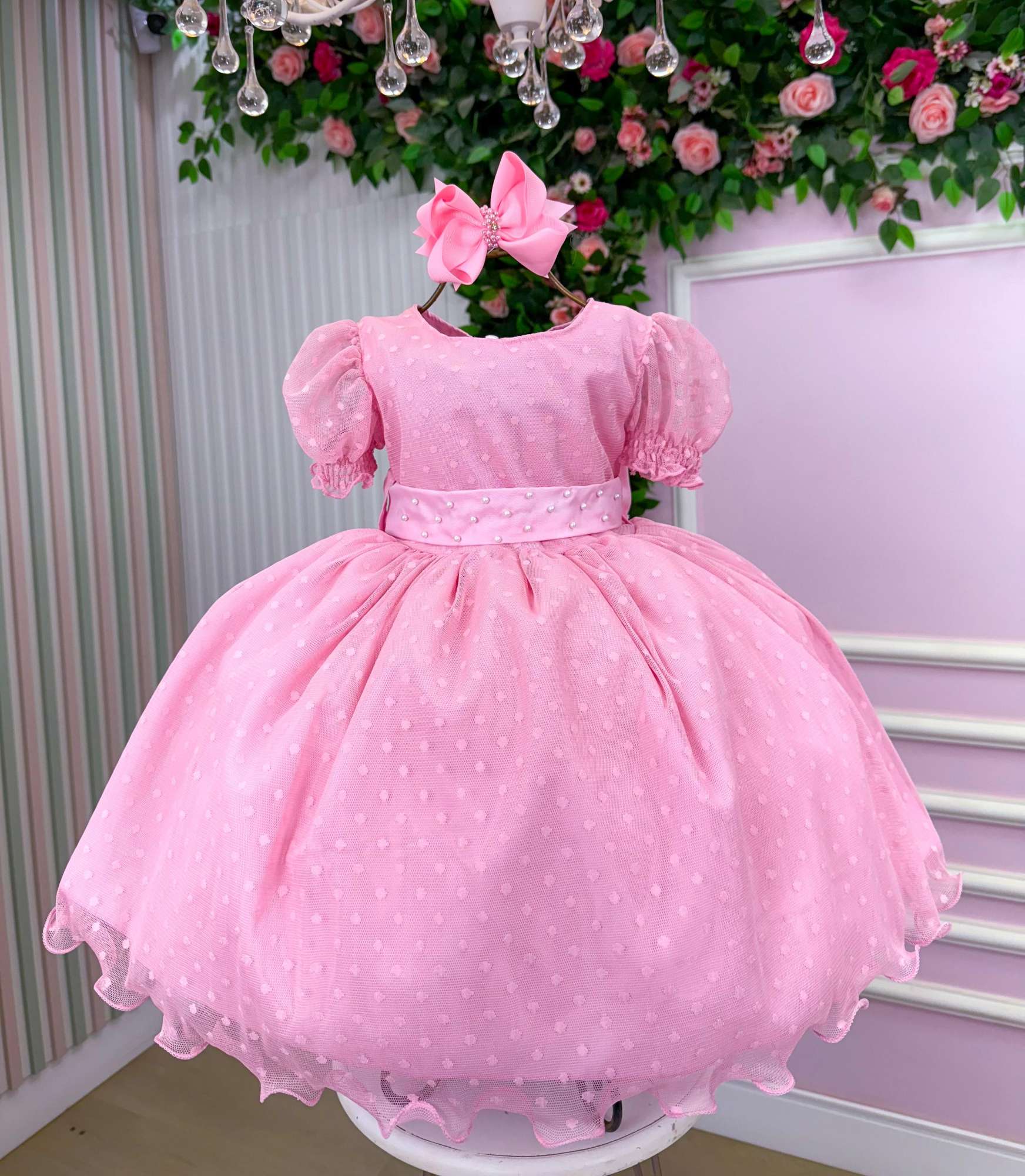 Vestido Rosa Infantil de Bolinhas com Forro em Poliéster e Algodão