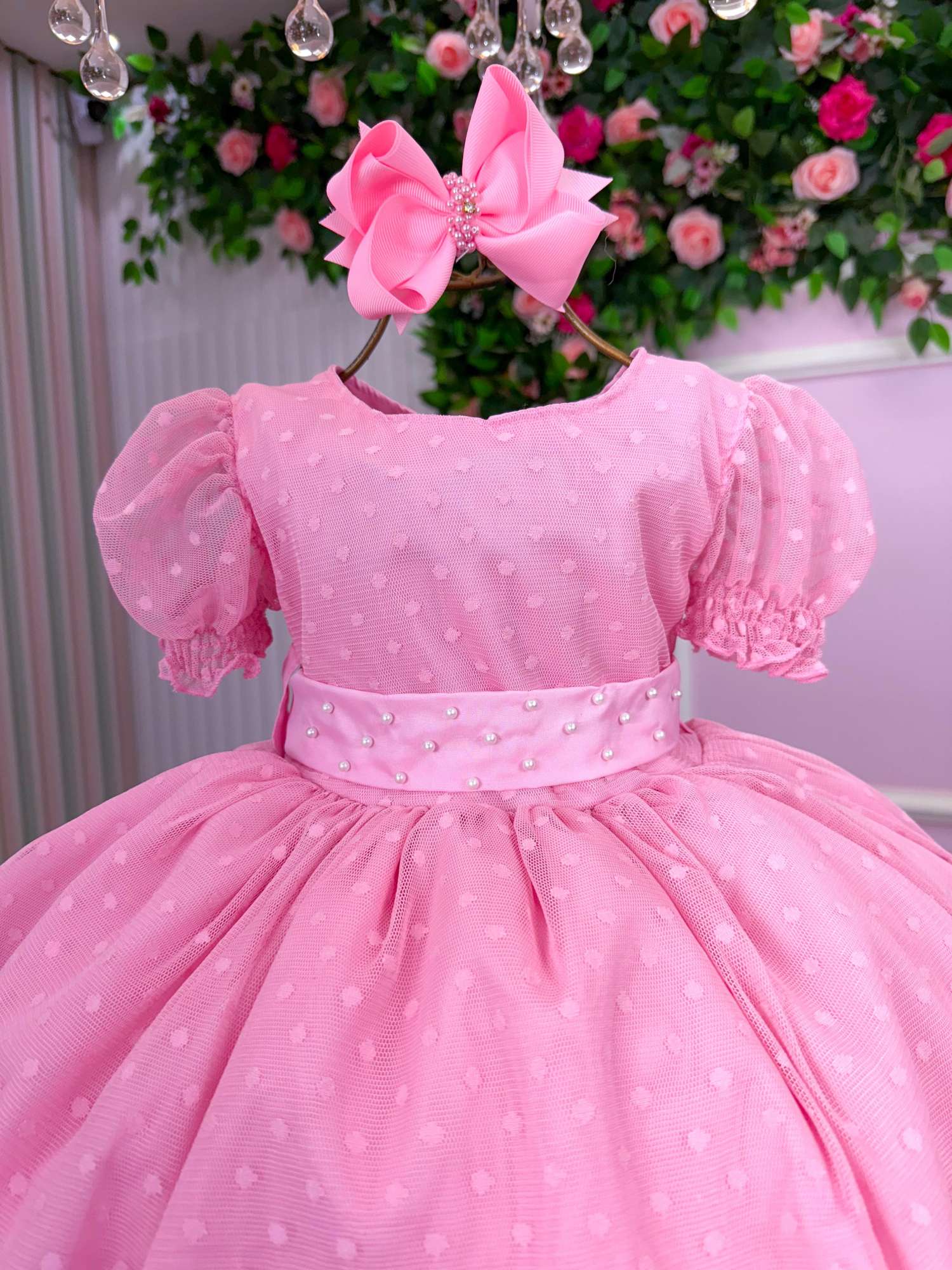 Vestido Rosa Infantil de Bolinhas com Forro em Poliéster e Algodão