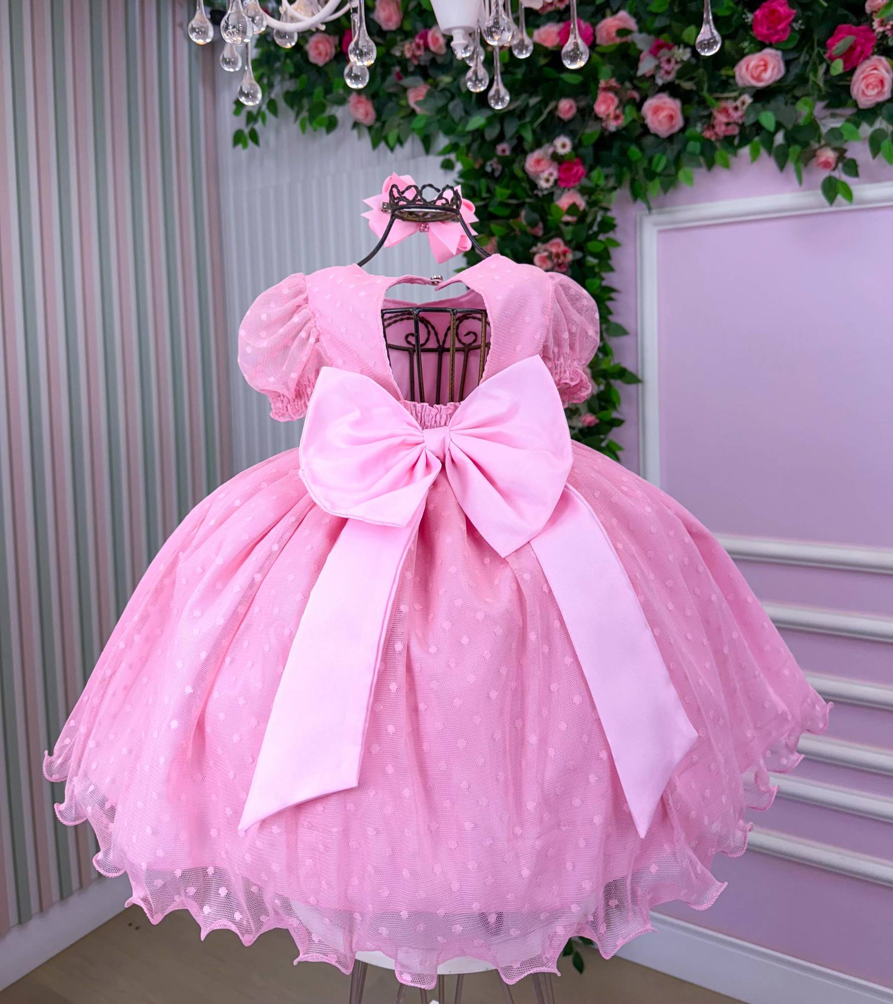 Vestido Rosa Infantil de Bolinhas com Forro em Poliéster e Algodão