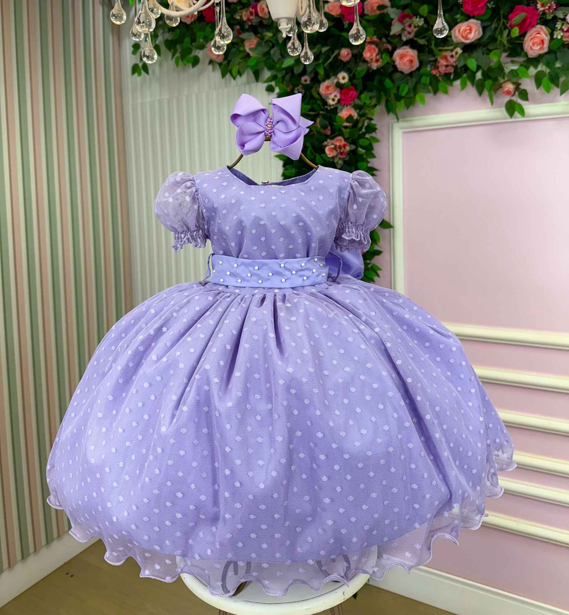 Vestido Lilás com Bolinhas e Laço para Crianças