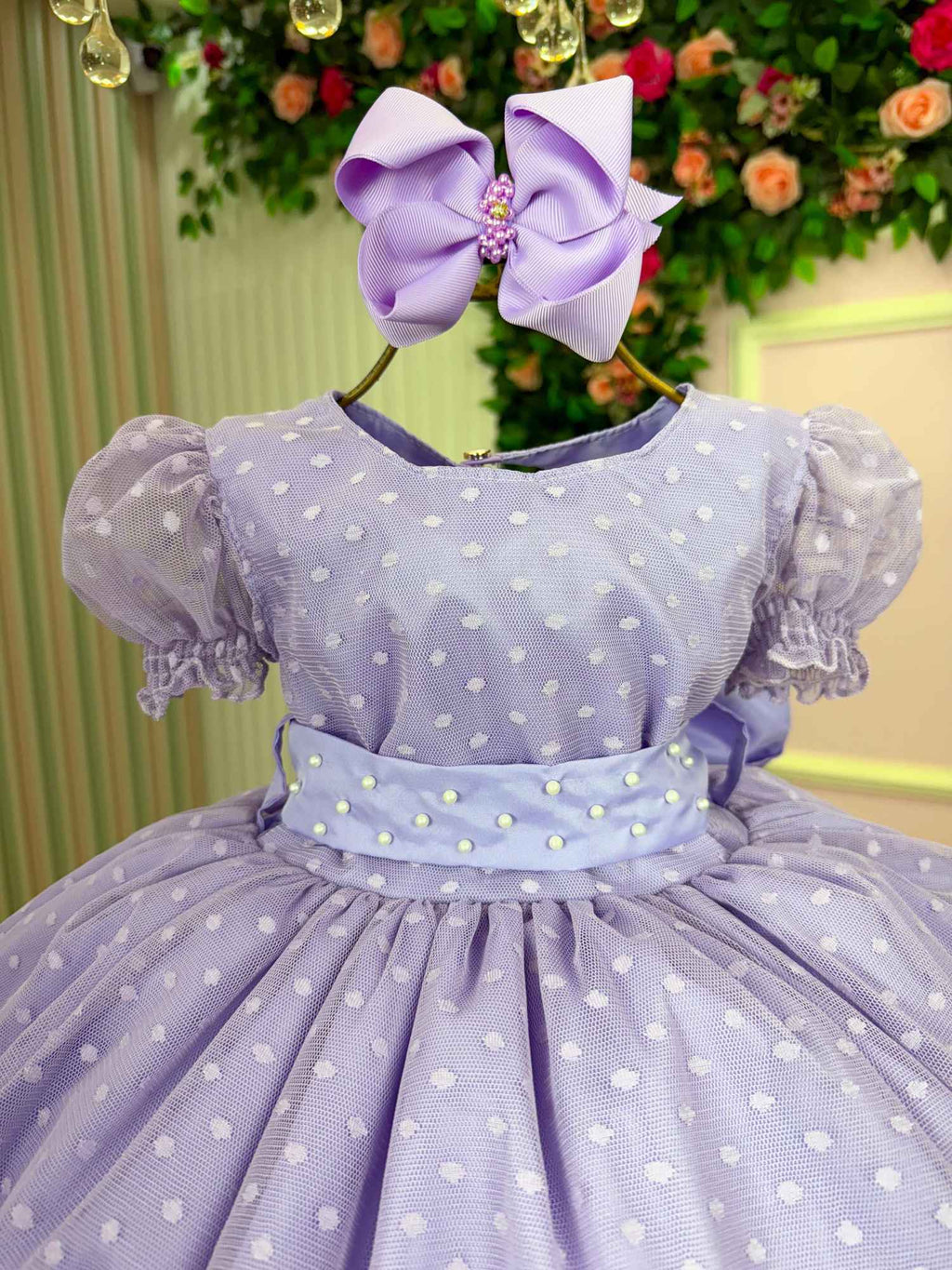 Vestido Lilás com Bolinhas e Laço para Crianças