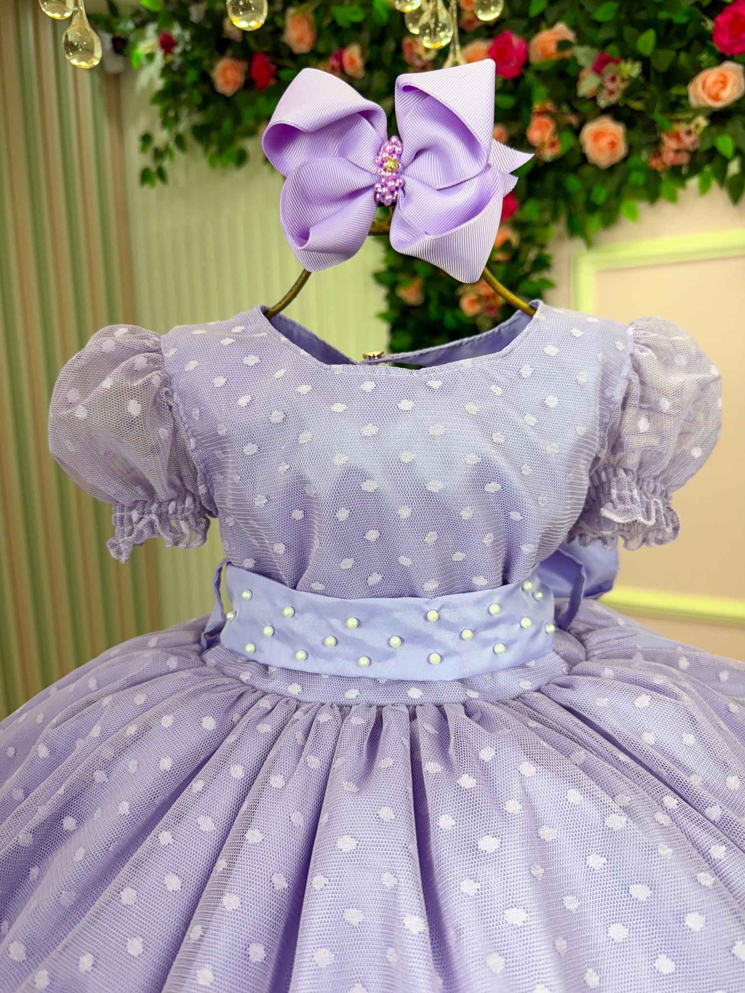 Vestido Lilás com Bolinhas e Laço para Crianças