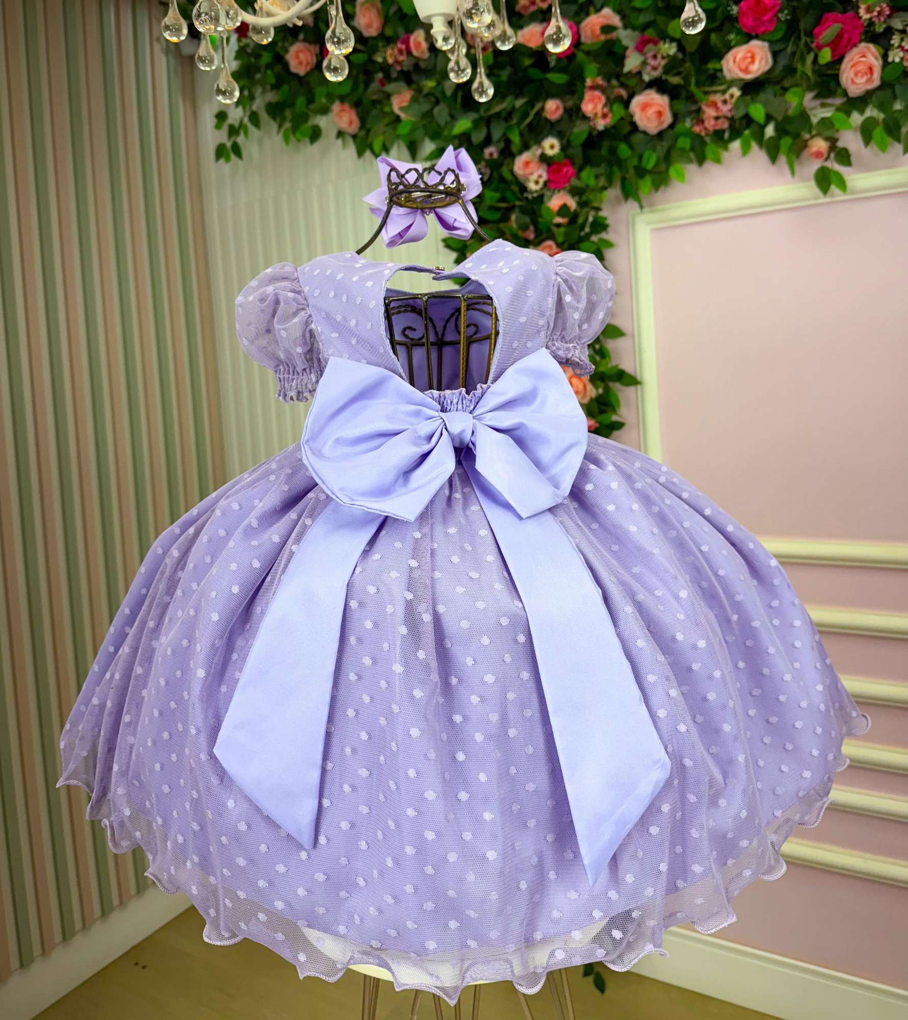 Vestido Lilás com Bolinhas e Laço para Crianças