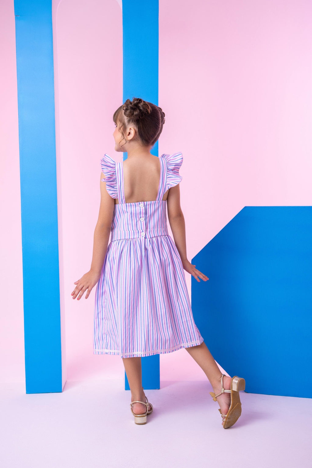Vestido Lilás Listrado Infantil com Forro em Poliéster e Algodão