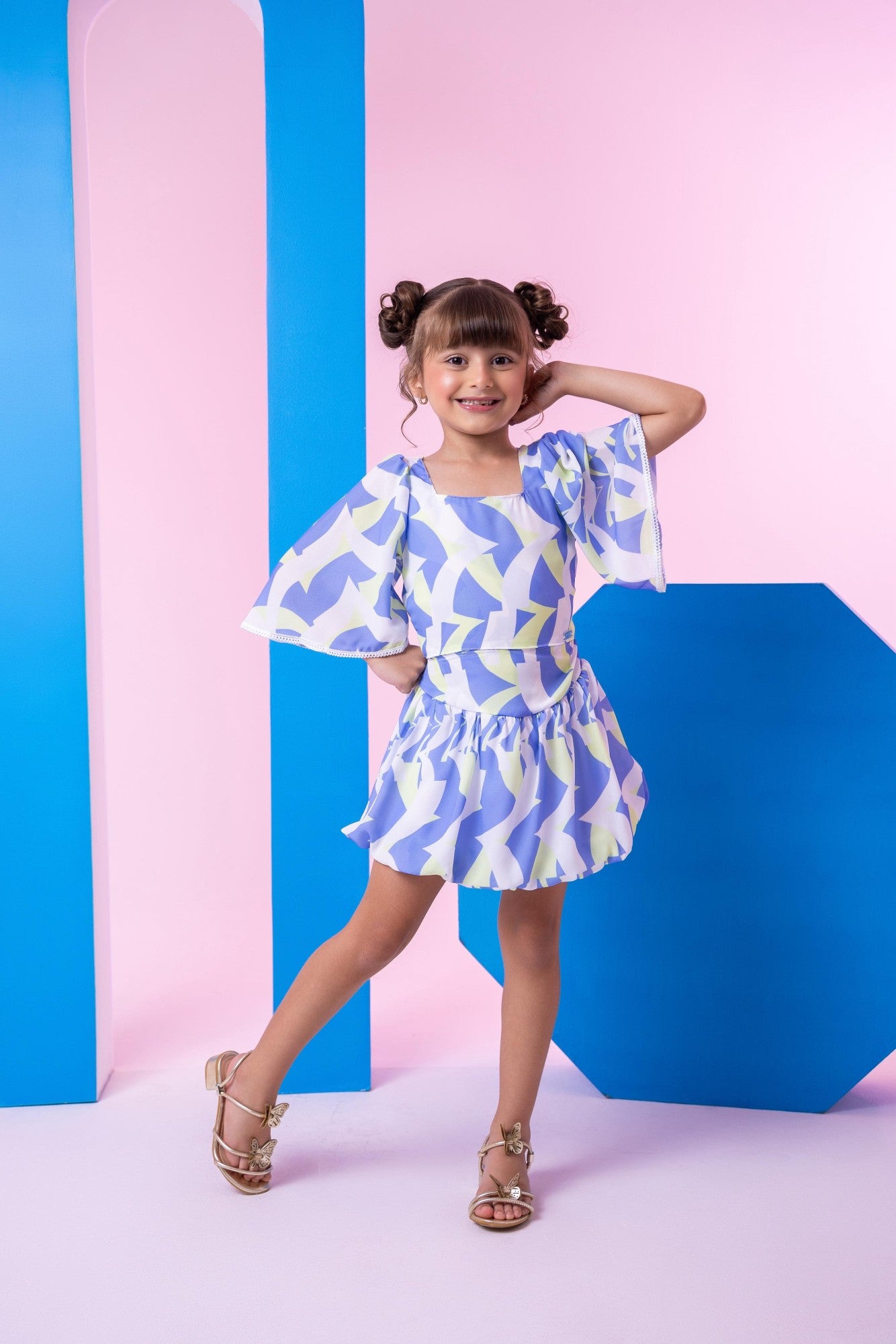 Conjunto Infantil Alissa Azul e Verde com Blusinha e Saia Balonê