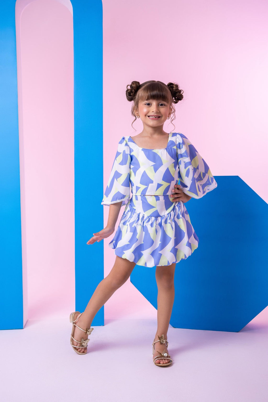 Conjunto Infantil Alissa Azul e Verde com Blusinha e Saia Balonê