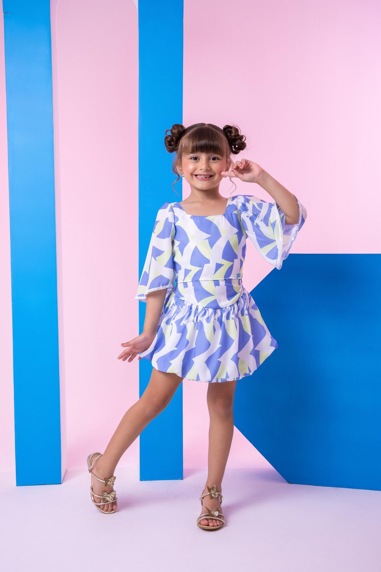Conjunto Infantil Alissa Azul e Verde com Blusinha e Saia Balonê