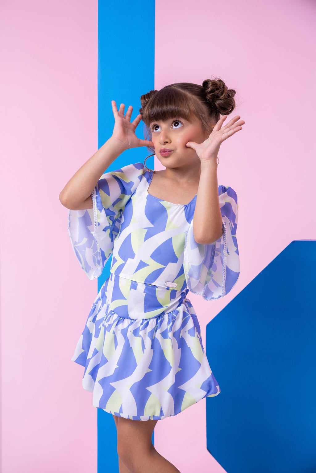 Conjunto Infantil Alissa Azul e Verde com Blusinha e Saia Balonê