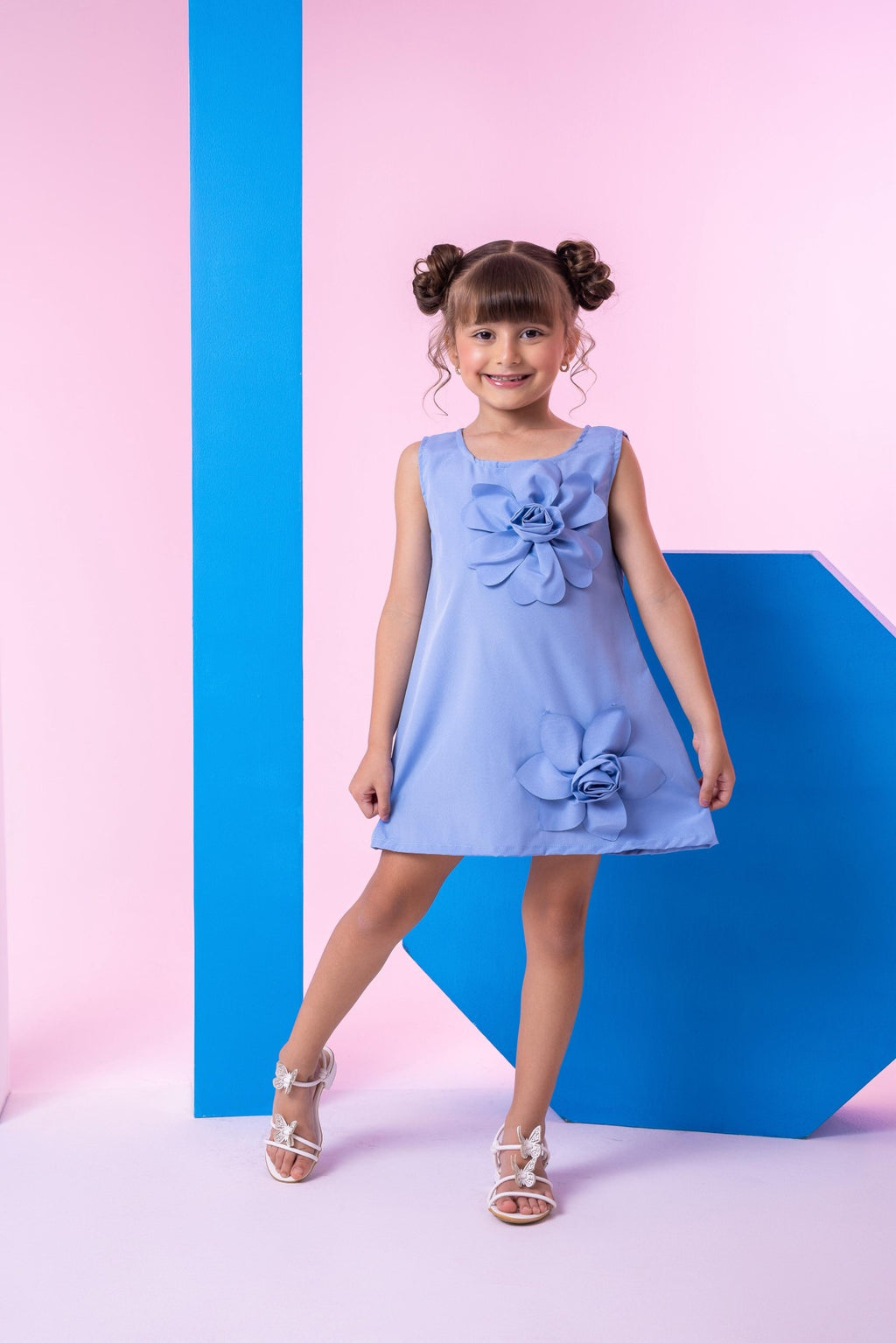 Vestido Azul Sem Manga em Tecido Light Basic para Mães e Filhas