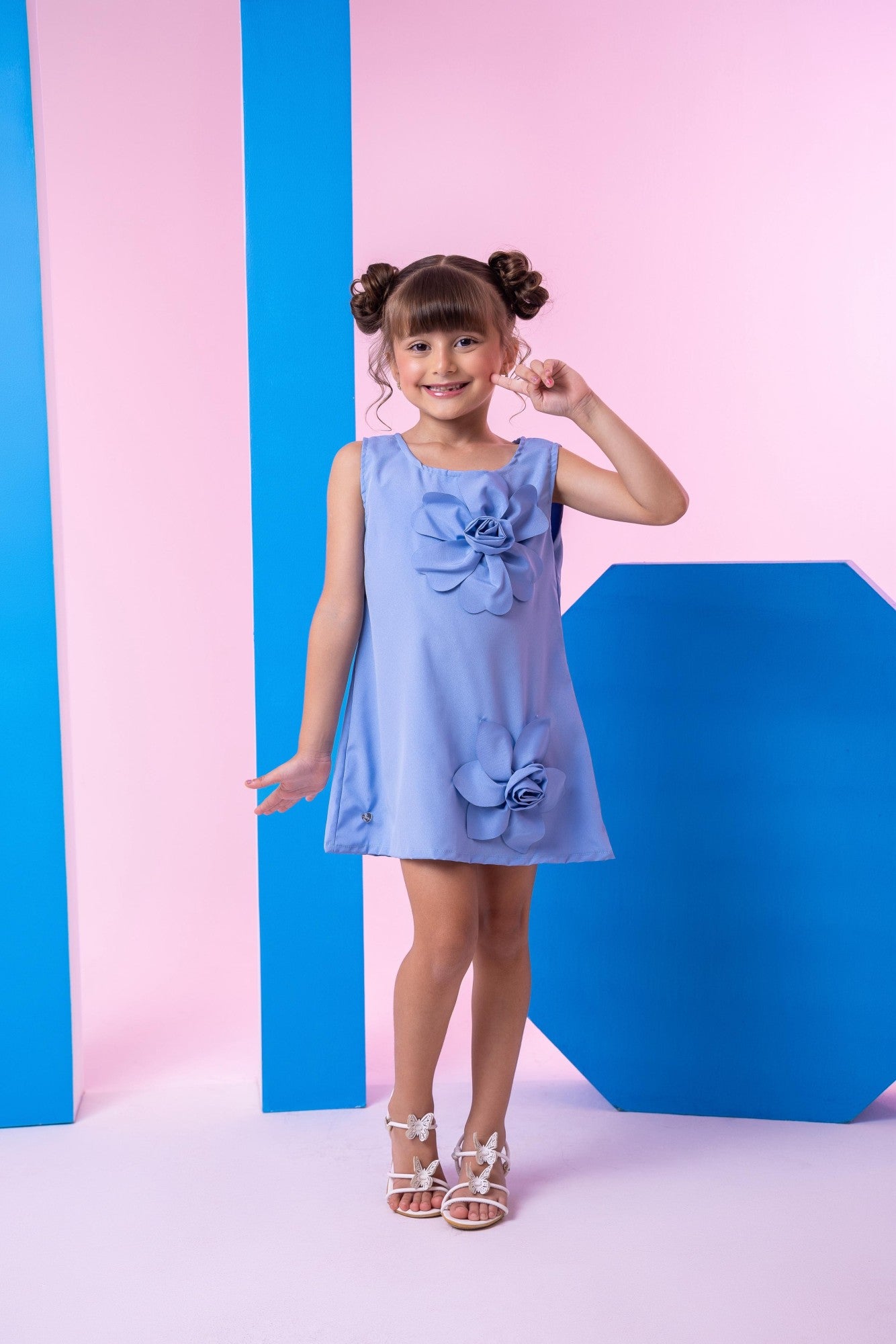 Vestido Azul Sem Manga em Tecido Light Basic para Mães e Filhas