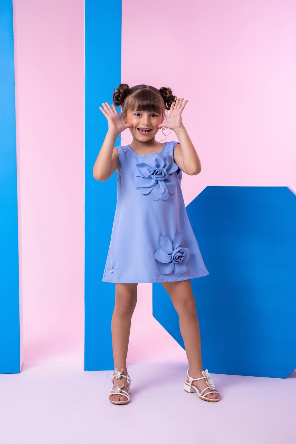 Vestido Azul Sem Manga em Tecido Light Basic para Mães e Filhas
