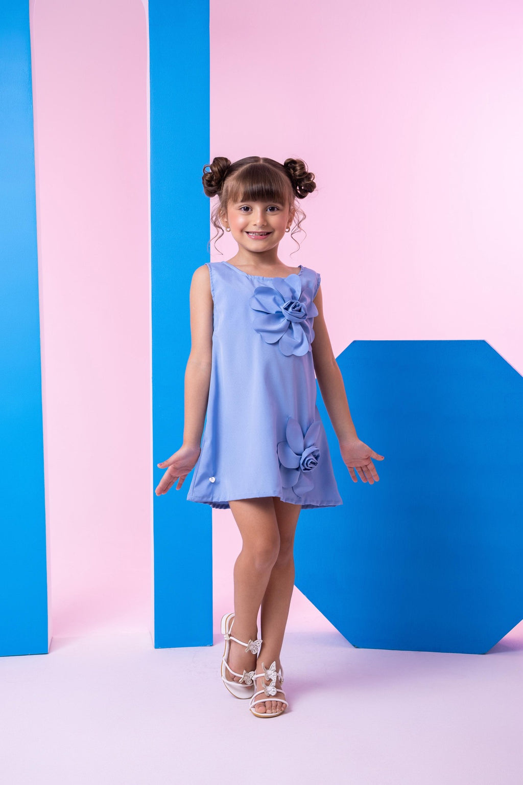 Vestido Azul Sem Manga em Tecido Light Basic para Mães e Filhas