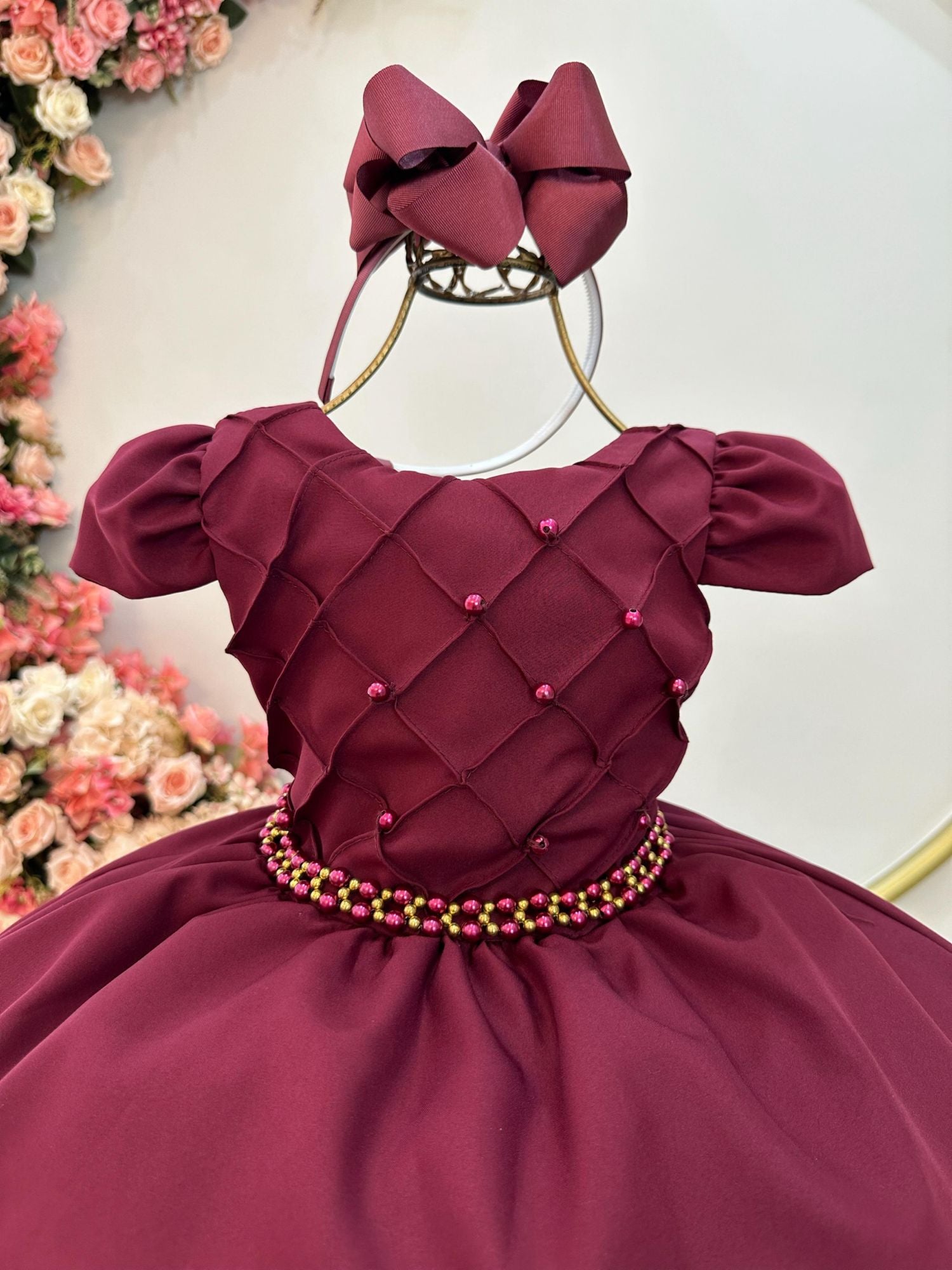 Vestido Infantil Marsala Luxo com Cinto de Pérolas para Casamento