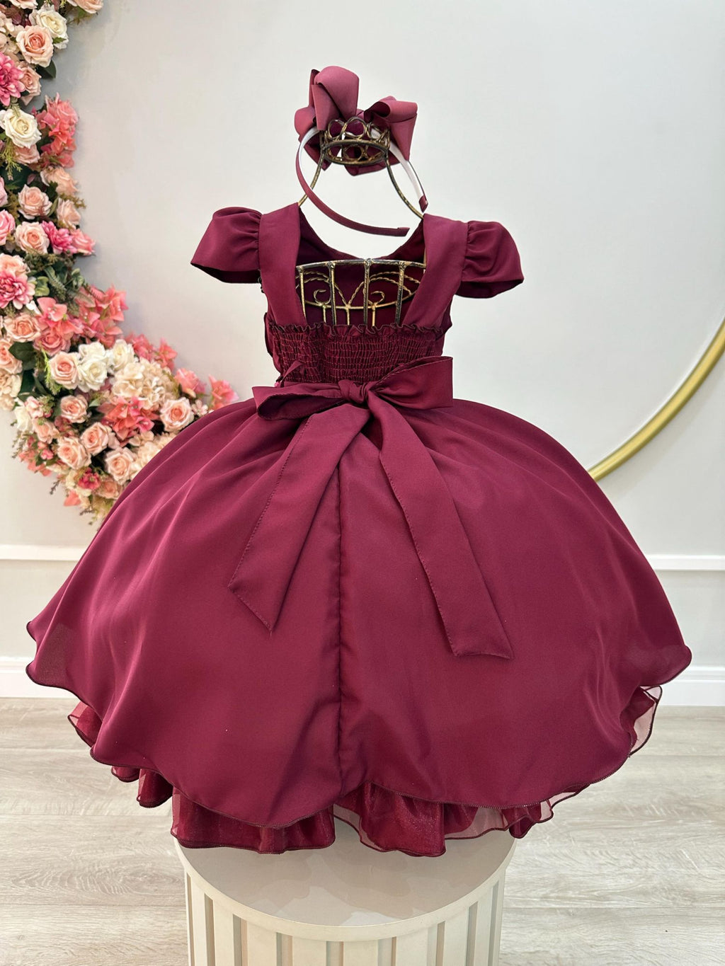Vestido Infantil Marsala Luxo com Cinto de Pérolas para Casamento