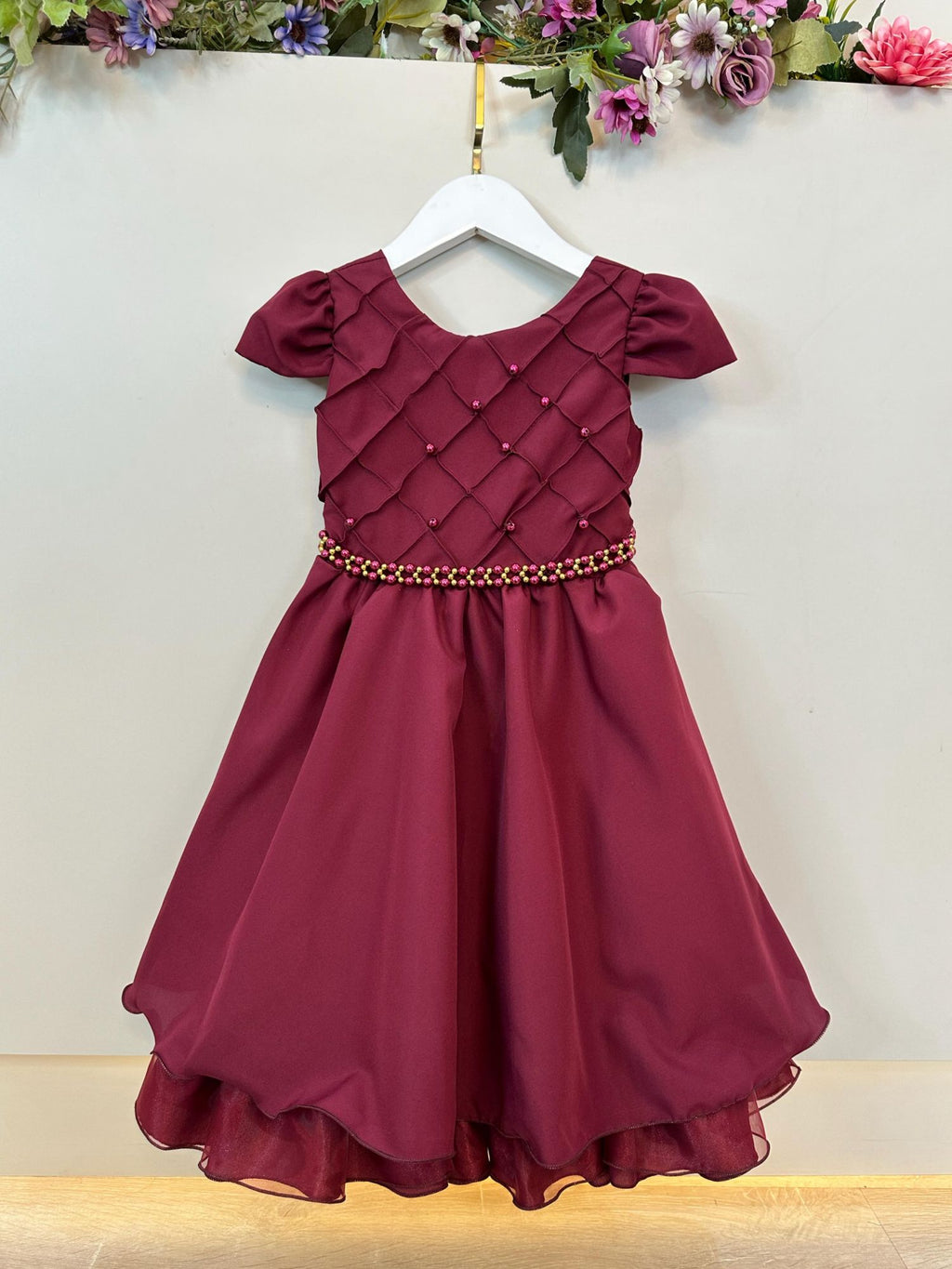 Vestido Infantil Marsala Luxo com Cinto de Pérolas para Casamento