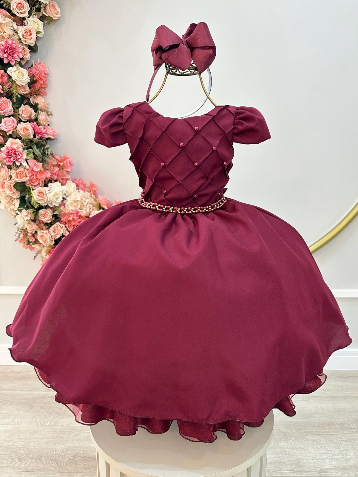 Vestido Infantil Marsala Luxo com Cinto de Pérolas para Casamento