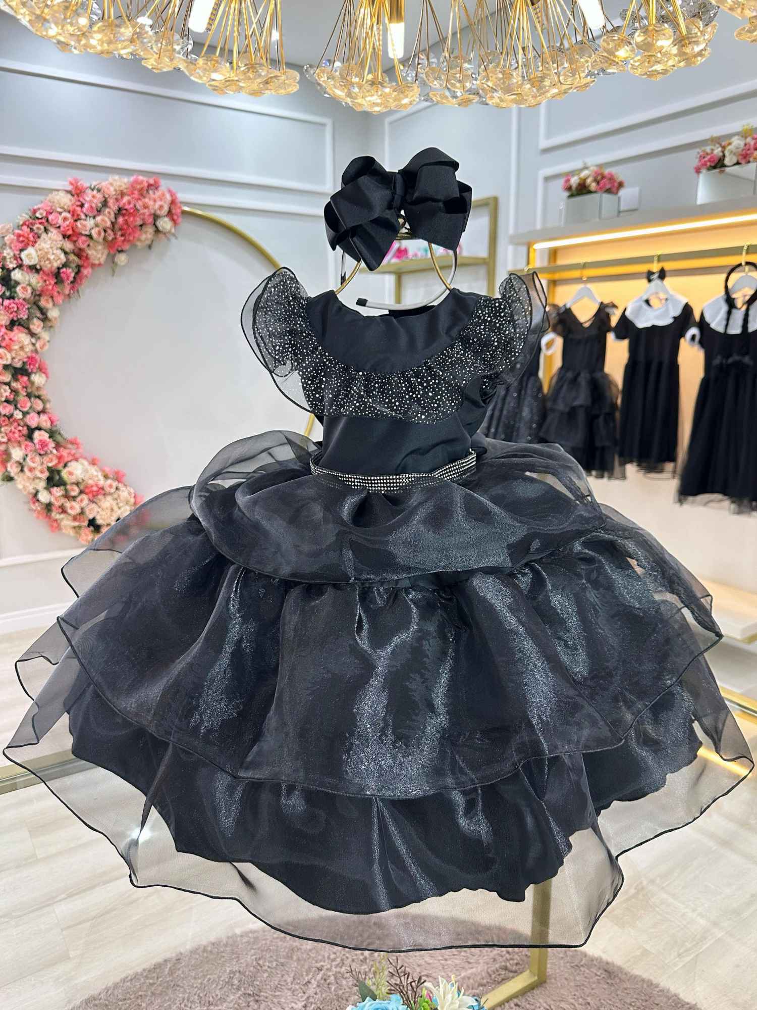 Vestido Infantil Preto Com Cinto de Strass Luxo