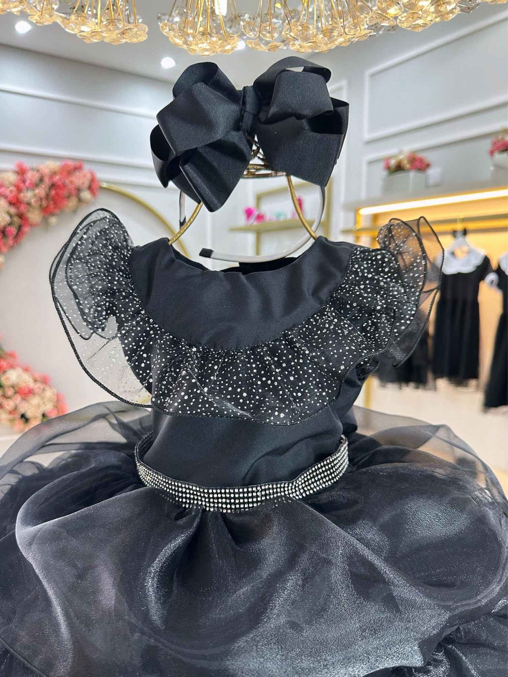 Vestido Infantil Preto Com Cinto de Strass Luxo