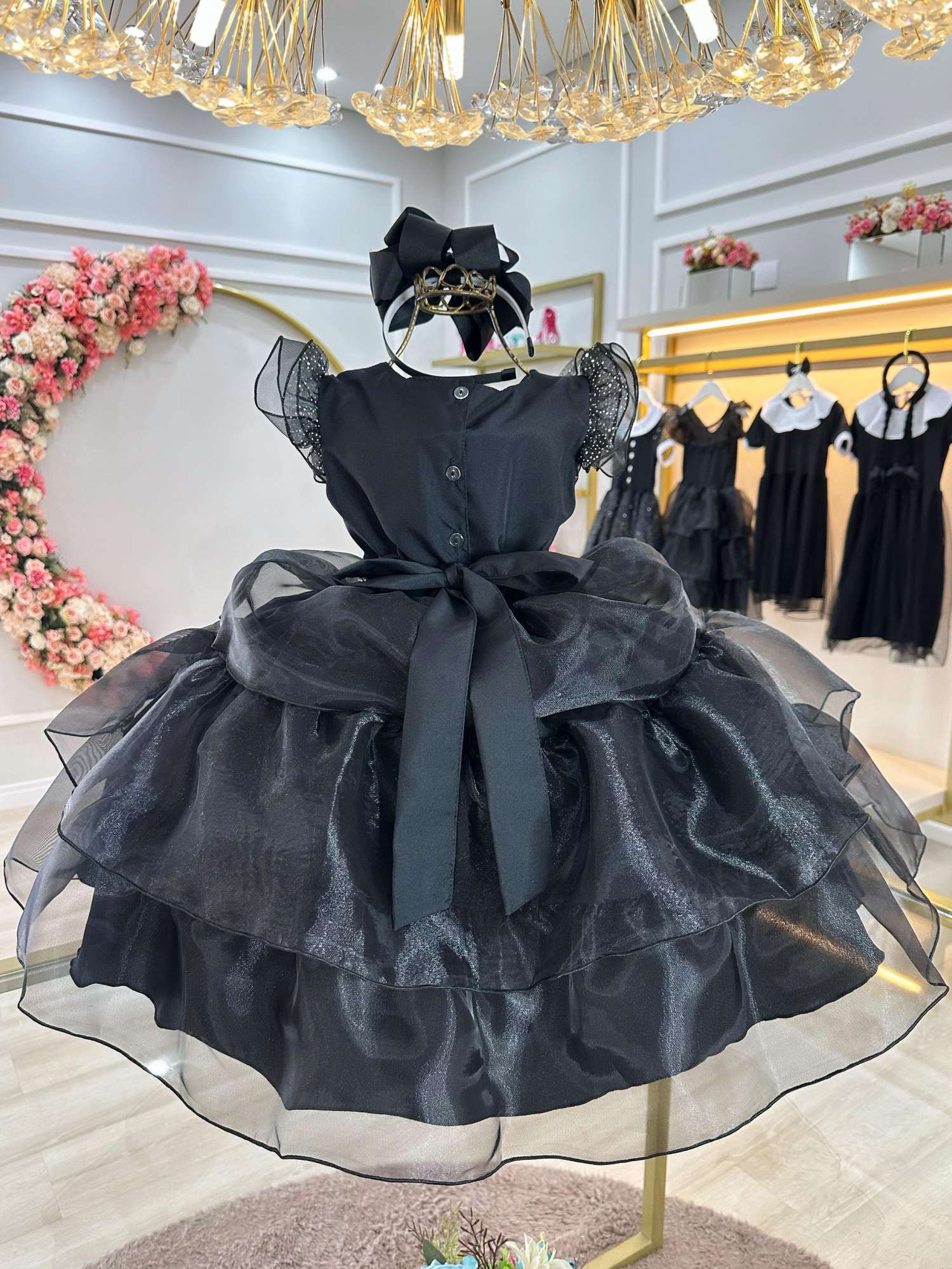 Vestido Infantil Preto Com Cinto de Strass Luxo