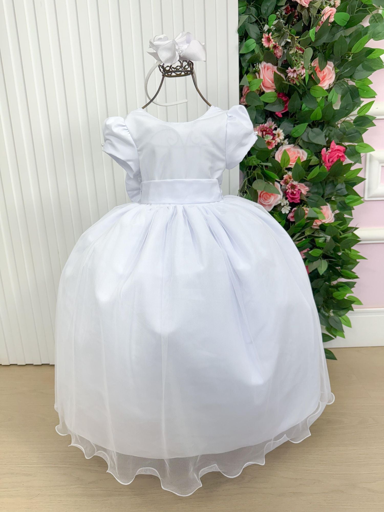 Vestido Longo Infantil Branco em Poliéster com Laço Removível