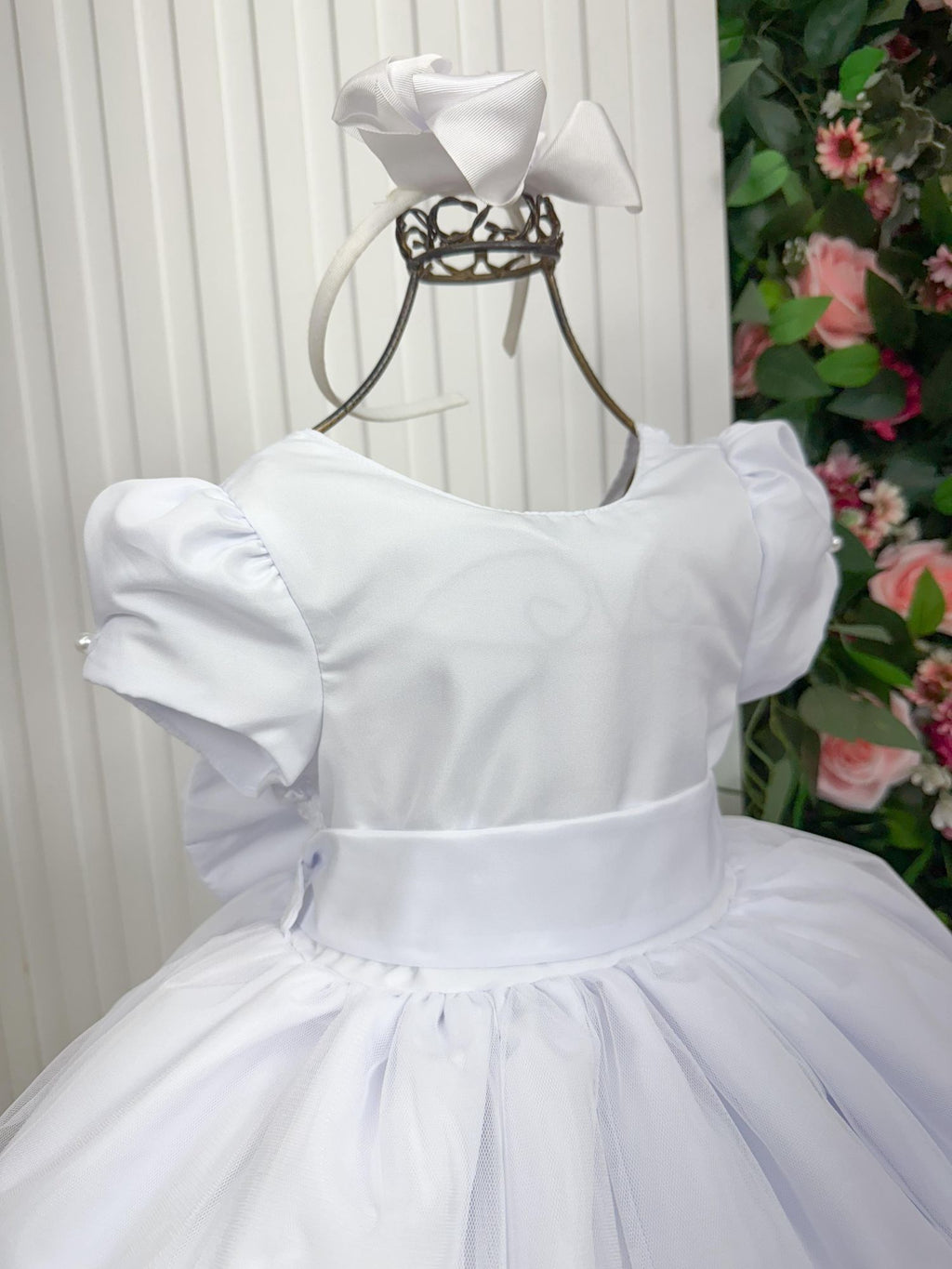Vestido Longo Infantil Branco em Poliéster com Laço Removível