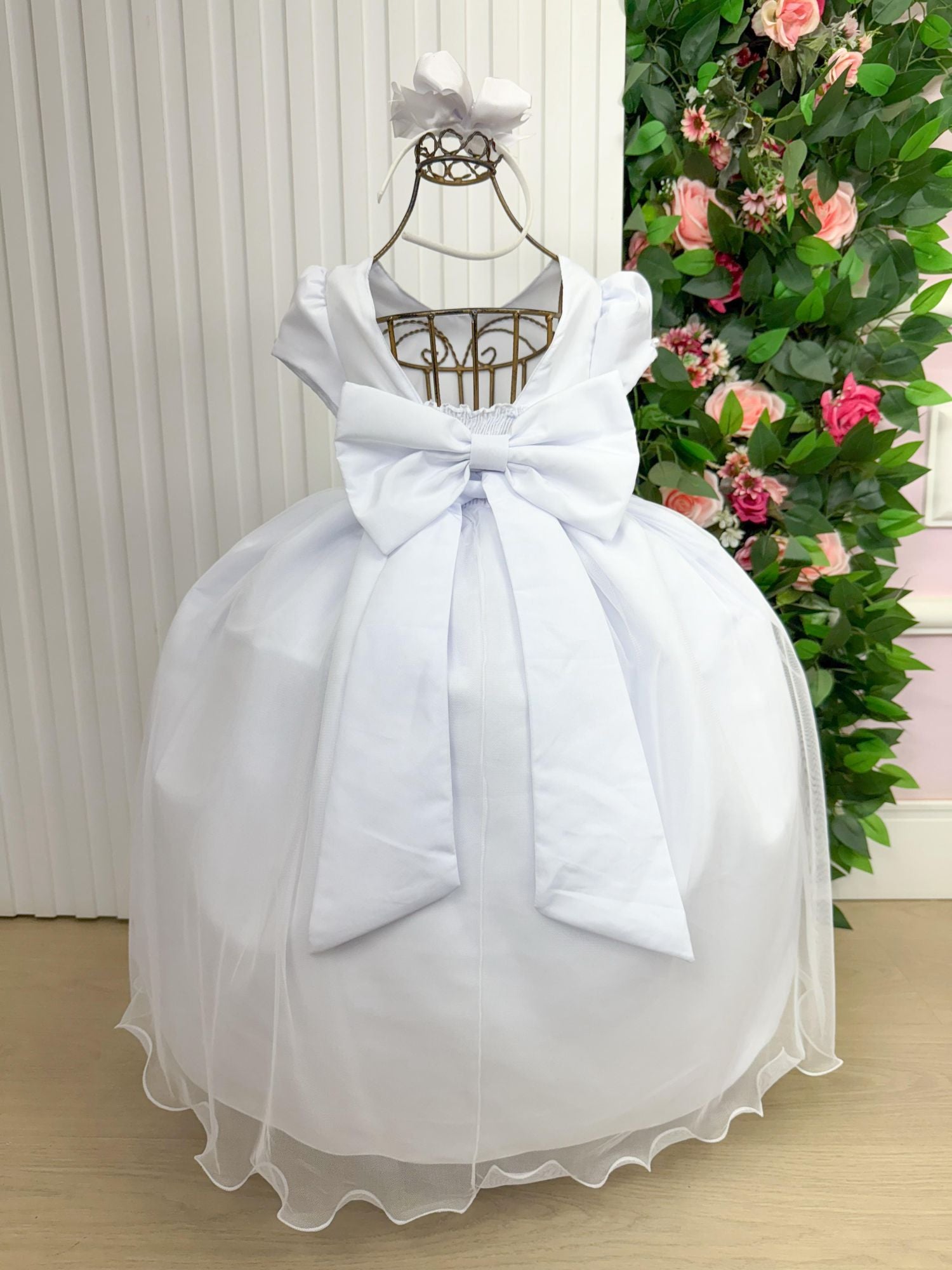 Vestido Longo Infantil Branco em Poliéster com Laço Removível