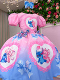 Vestido Temático em Tafetá com Estampa de Stitch e Angel para Festas