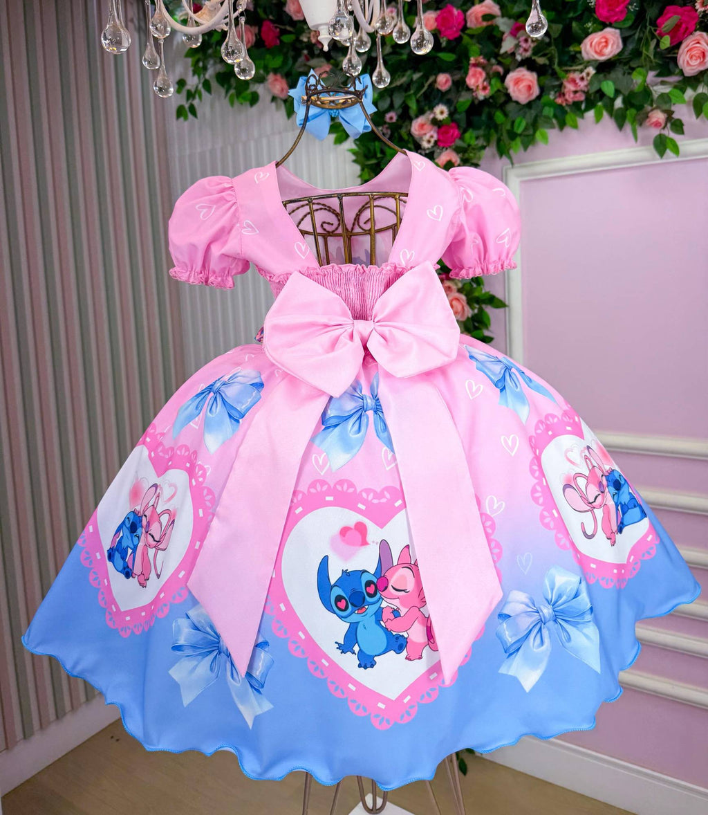 Vestido Temático em Tafetá com Estampa de Stitch e Angel para Festas