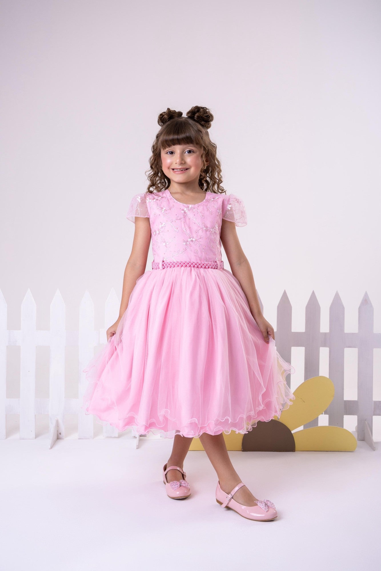 Vestido Infantil Beatriz Rosa Bebê em Tecido Misto com Laço