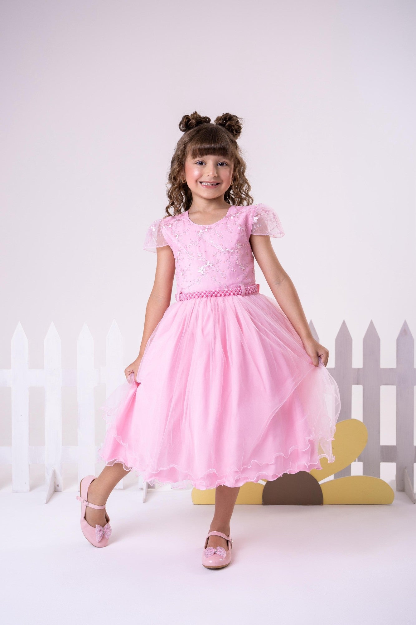 Vestido Infantil Beatriz Rosa Bebê em Tecido Misto com Laço