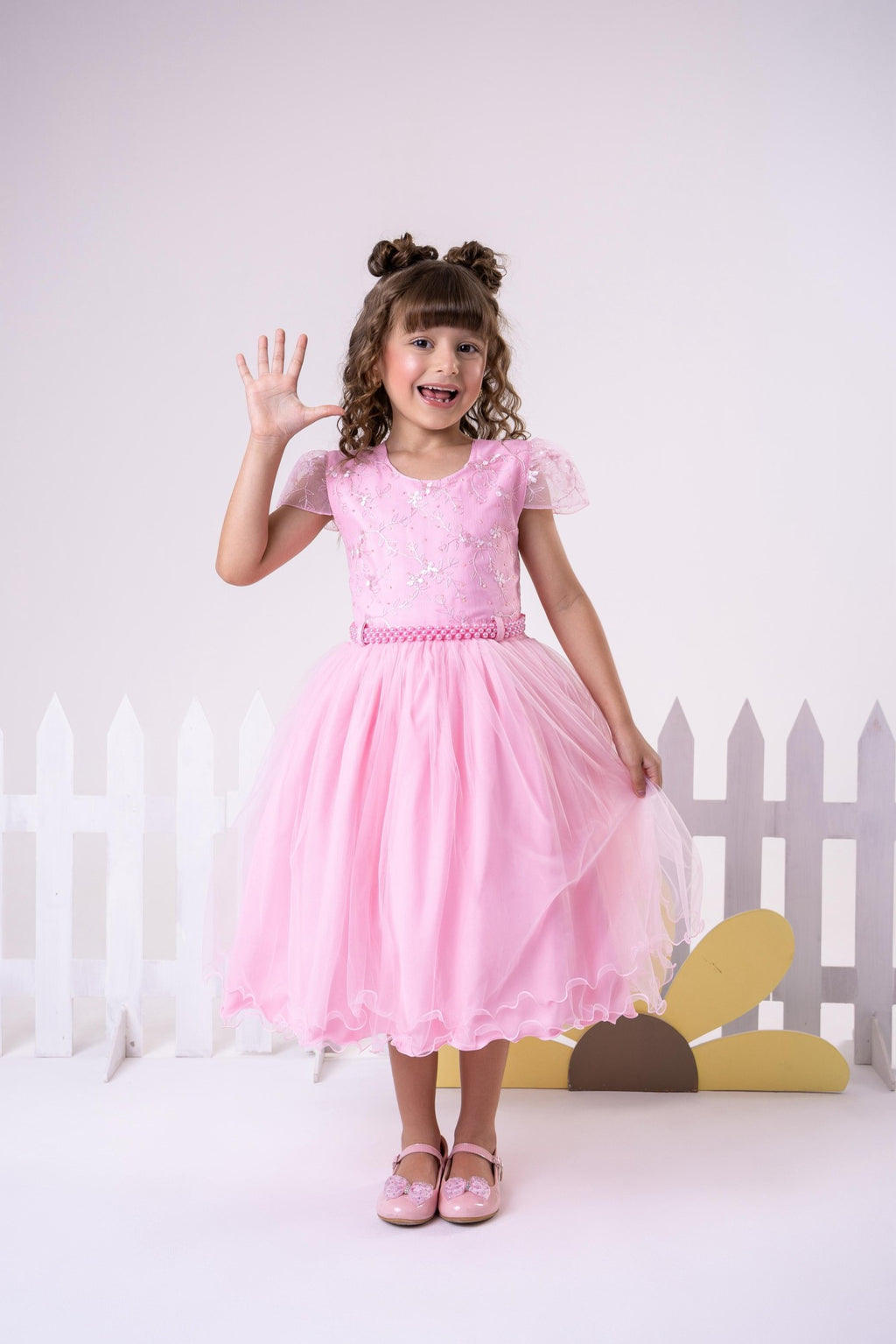 Vestido Infantil Beatriz Rosa Bebê em Tecido Misto com Laço