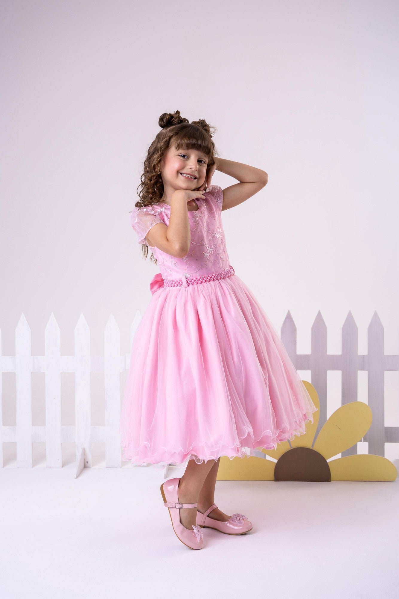 Vestido Infantil Beatriz Rosa Bebê em Tecido Misto com Laço