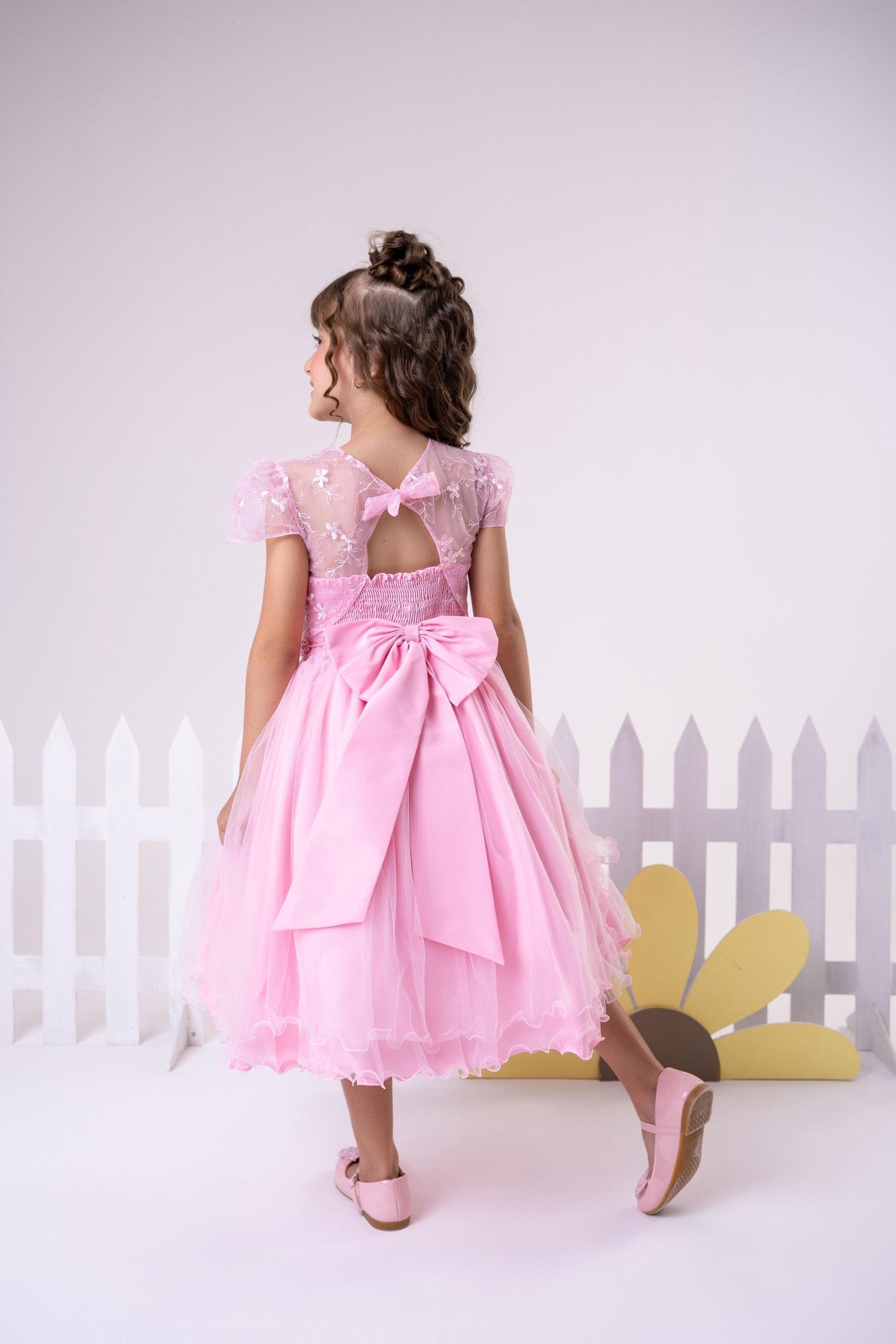 Vestido Infantil Beatriz Rosa Bebê em Tecido Misto com Laço