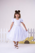 Vestido Infantil Branco em Tecido Tafeta com Laço para Meninas