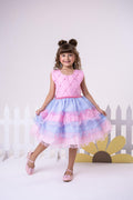 Vestido Colorido Infantil em Poliéster com Babados e Laço