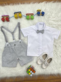 Conjunto Social Luxo Camisa Branca Bermuda e Suspensório Cinza Claro
