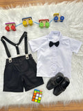 Conjunto Social Luxo para Pajem com Camisa Branca, Bermuda e Suspensório Preto