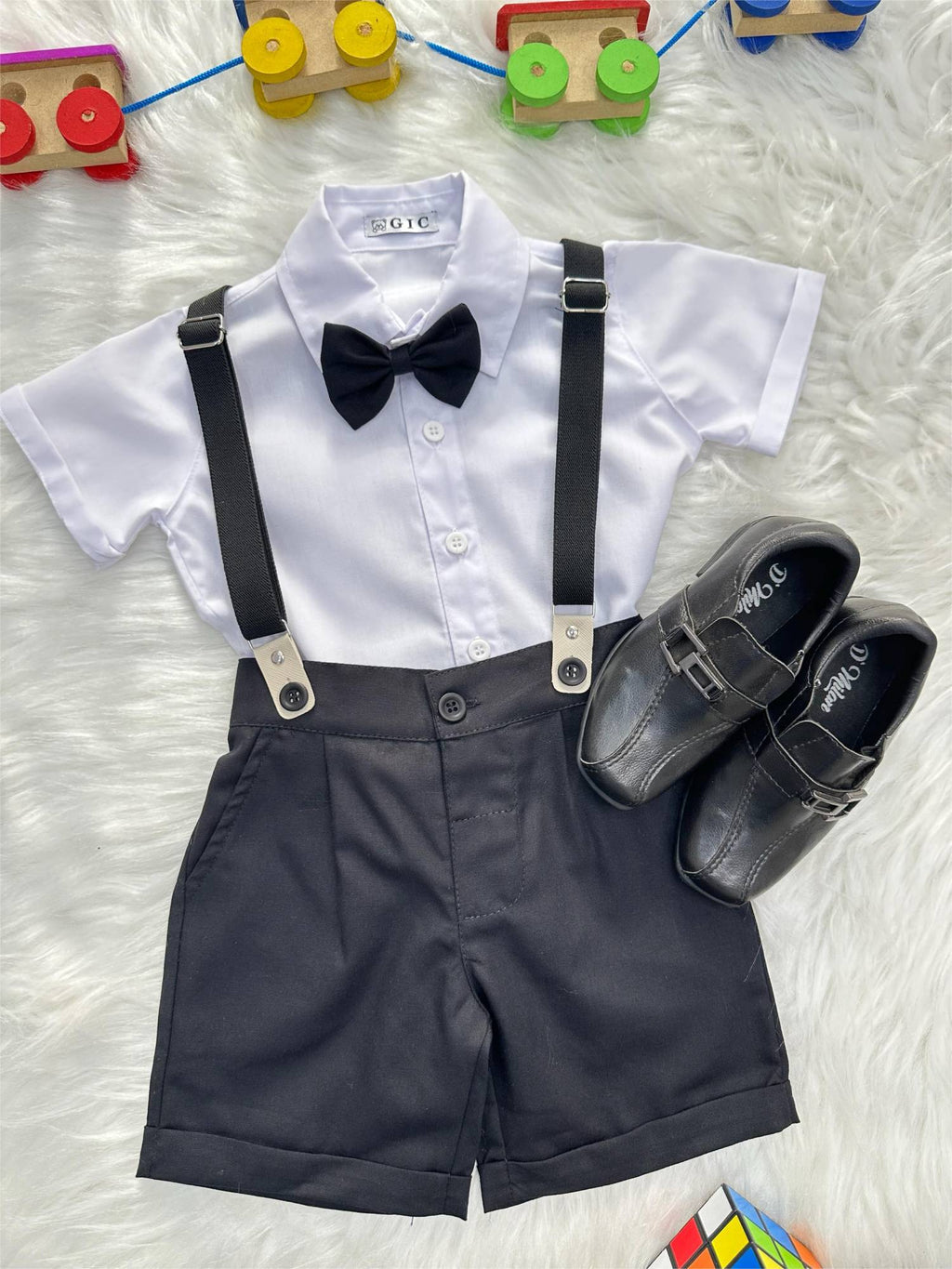 Conjunto Social Luxo para Pajem com Camisa Branca, Bermuda e Suspensório Preto