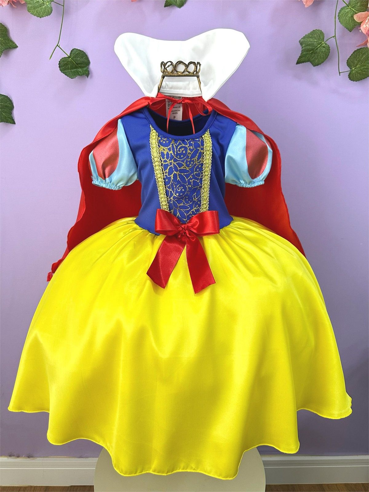 Fantasia Infantil Branca de Neve com Tiara e Capa Amarela
