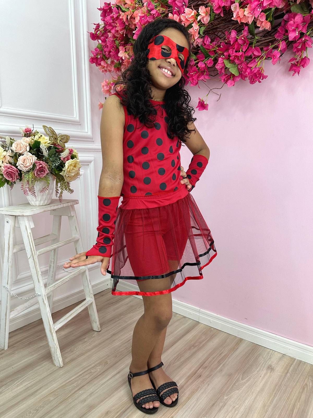 Fantasia Infantil Joaninha com Bolinhas, Máscara e Bracelete