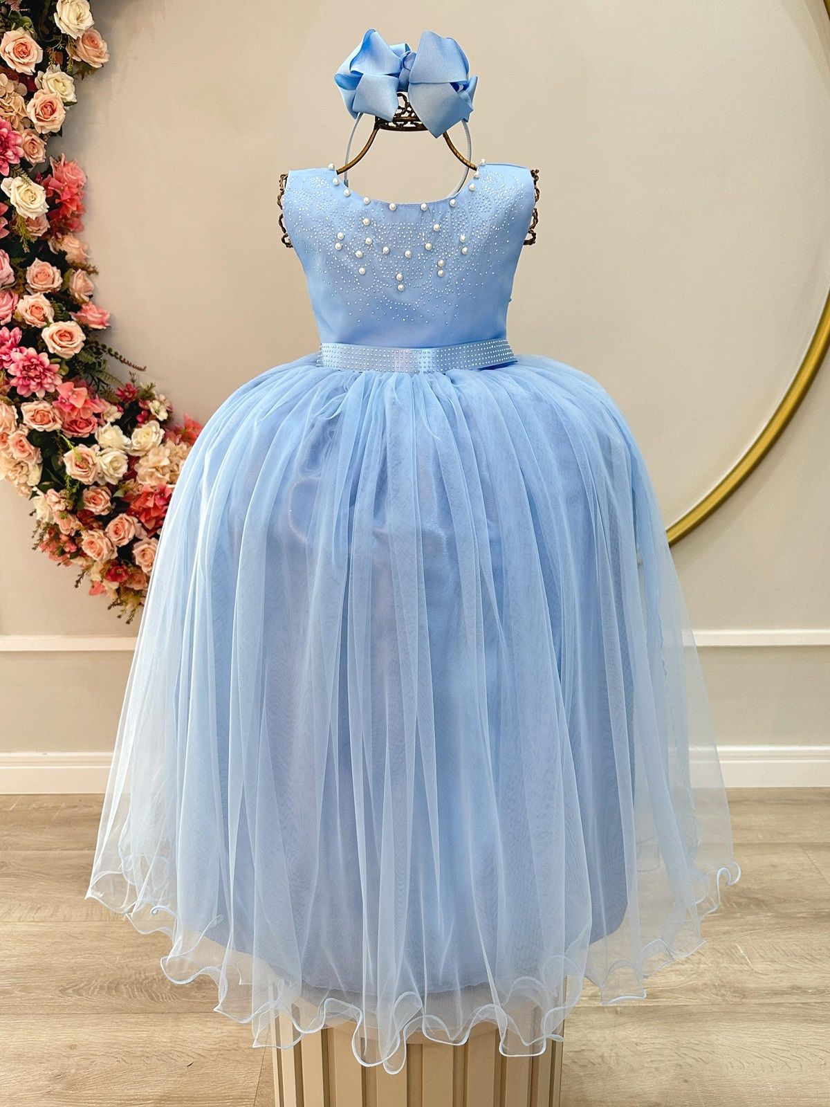 Vestido Longo Infantil Azul com Strass e Pérolas para Damas de Honra