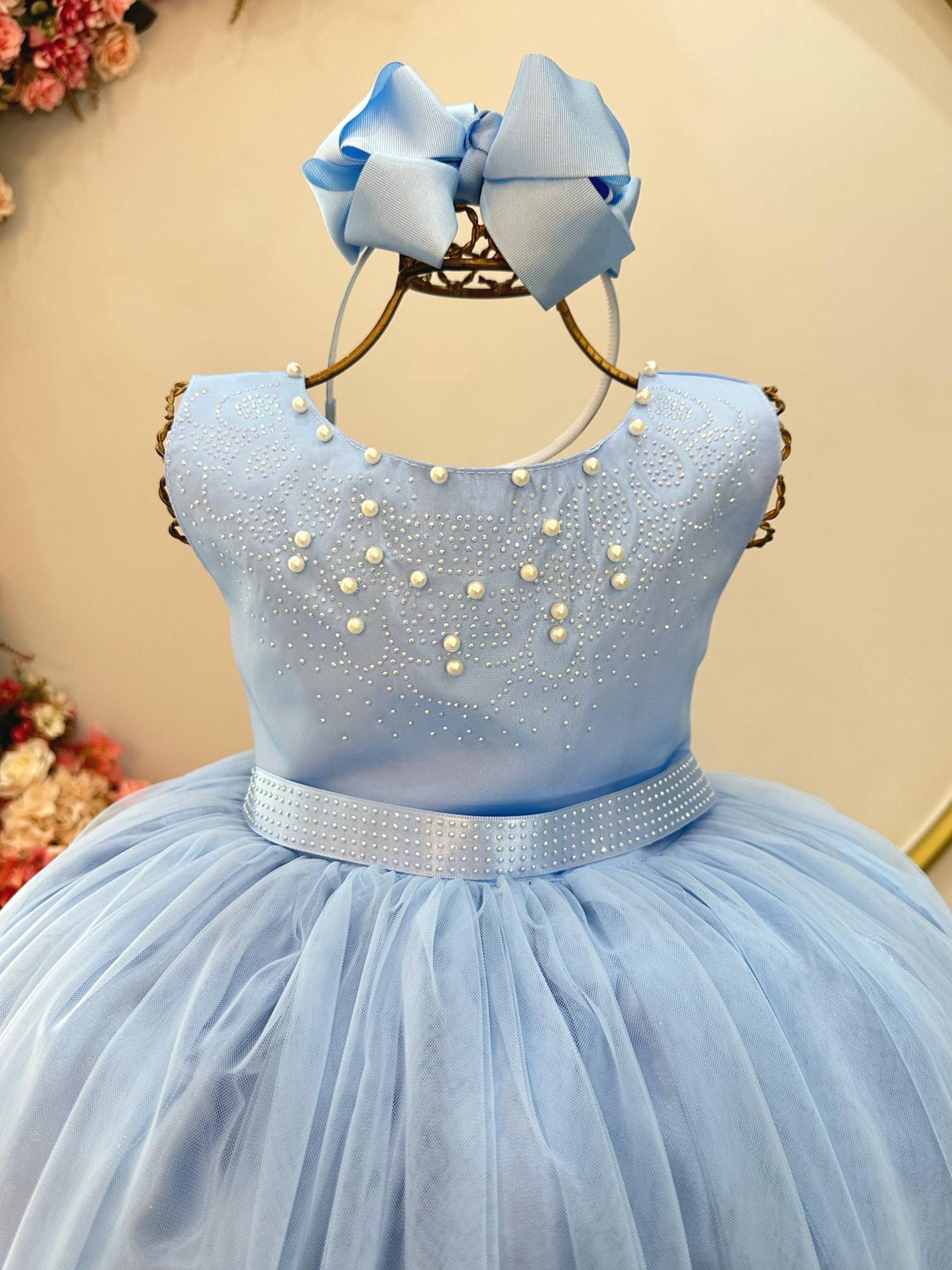 Vestido Longo Infantil Azul com Strass e Pérolas para Damas de Honra