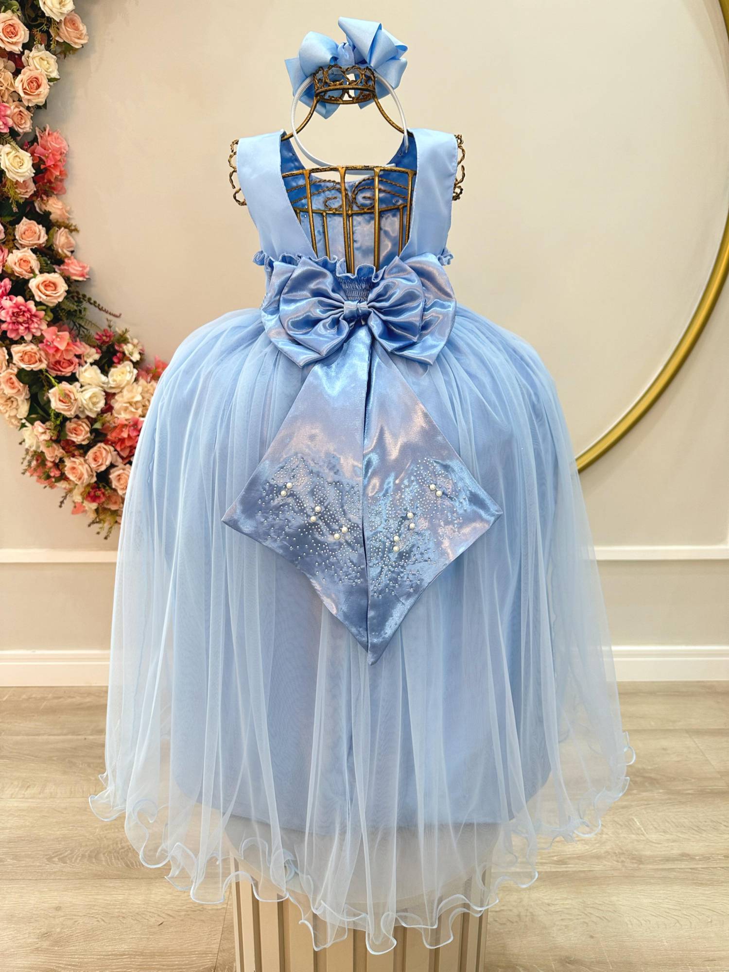 Vestido Longo Infantil Azul com Strass e Pérolas para Damas de Honra