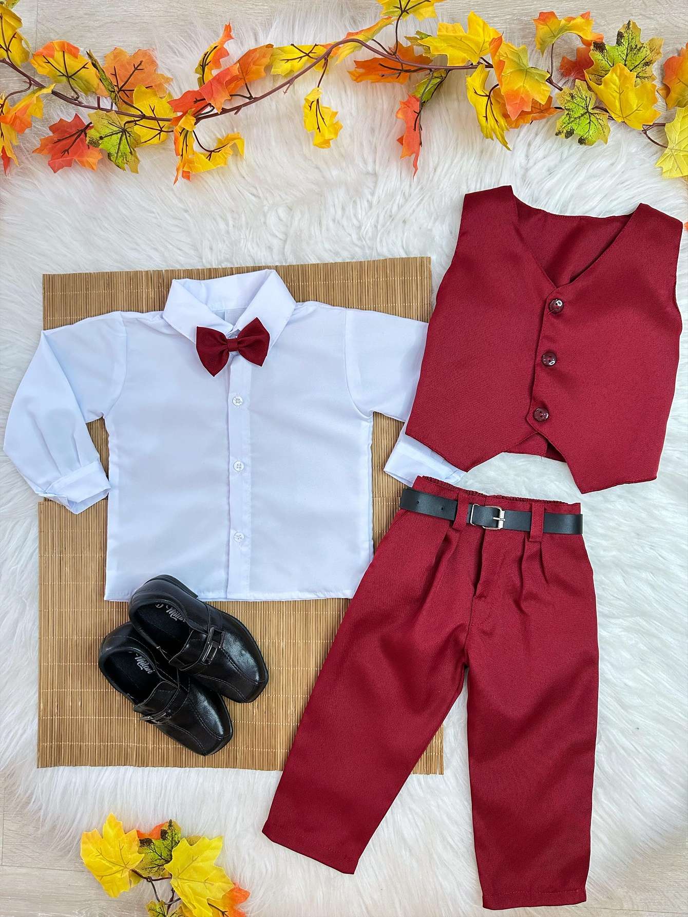 Conjunto Infantil Camisa Branca com Calça e Colete Marsala para Festas