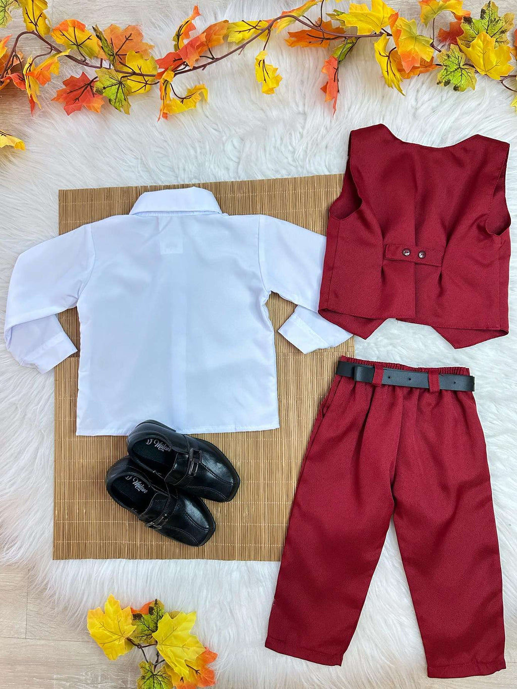 Conjunto Infantil Camisa Branca com Calça e Colete Marsala para Festas
