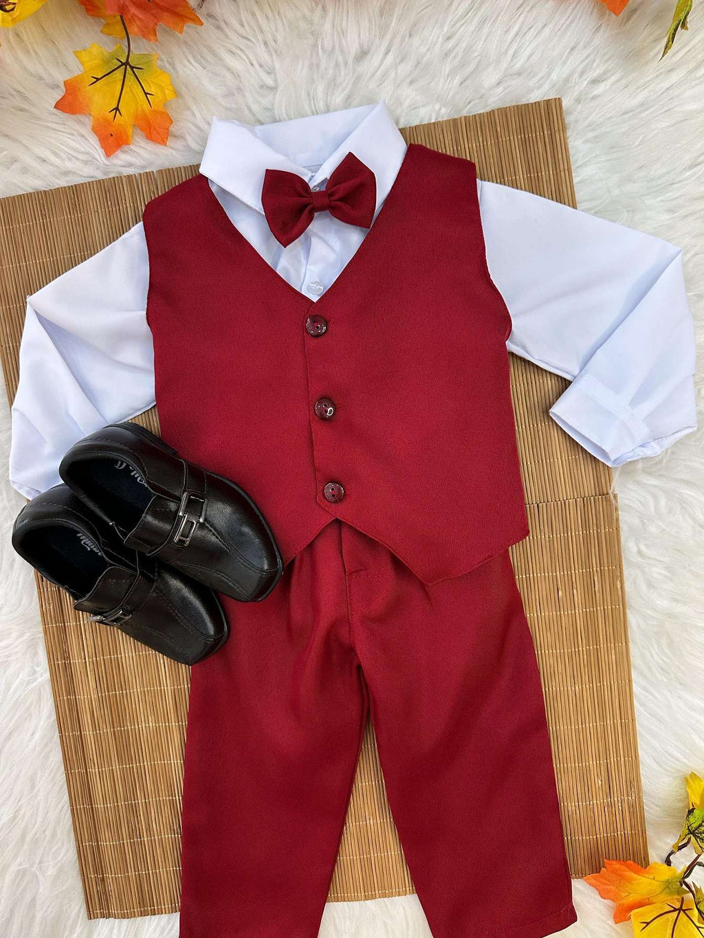 Conjunto Infantil Camisa Branca com Calça e Colete Marsala para Festas