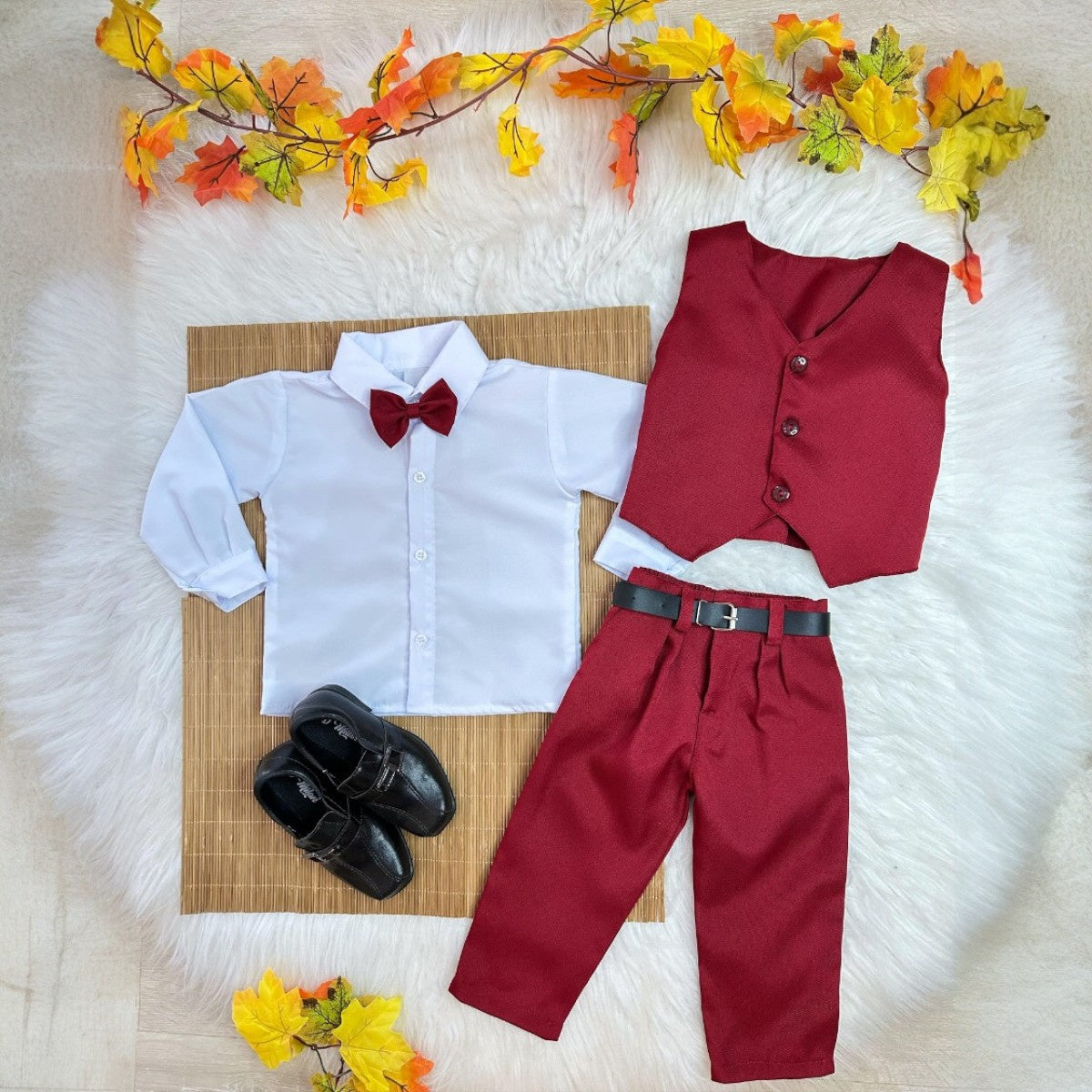 Conjunto Infantil Camisa Branca com Calça e Colete Marsala para Festas