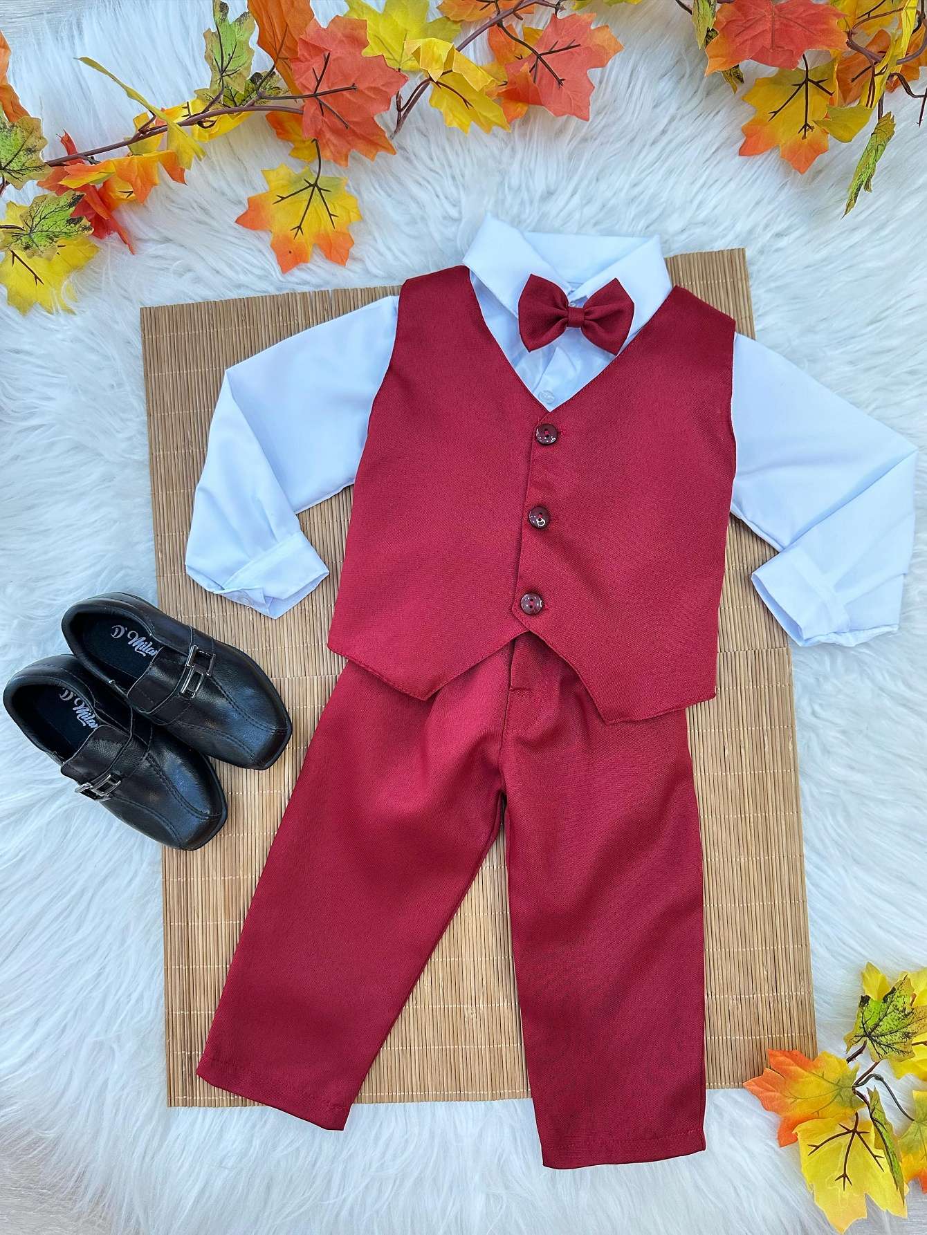 Conjunto Infantil Camisa Branca com Calça e Colete Marsala para Festas